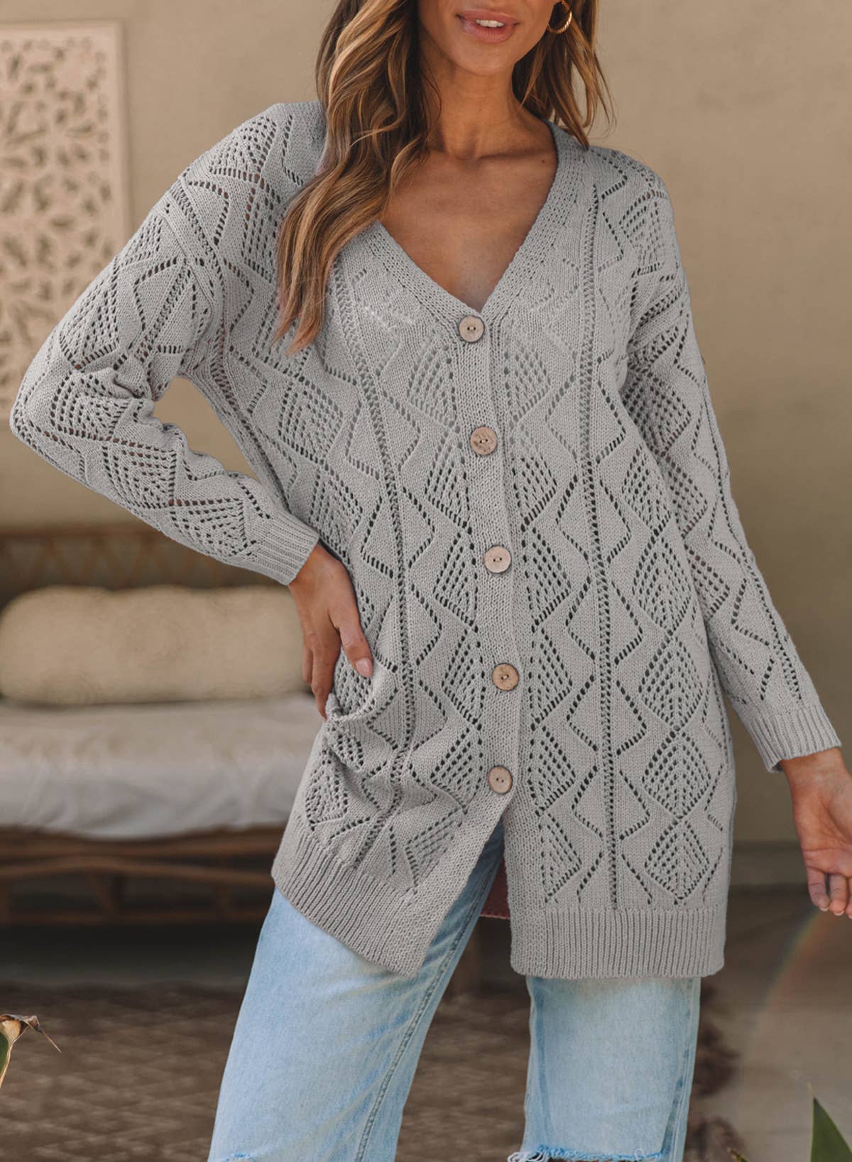 Button-Front Knit Cardigan with Openwork Detail